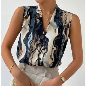 Marble Print Button Down Collared Sleeveless Blouse Top